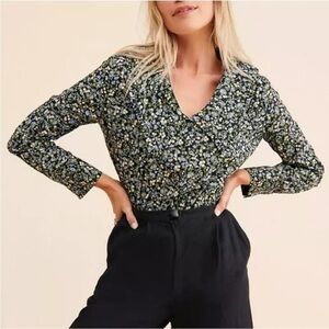 Anthropologie Floral V-Neck Top - Black and Blue